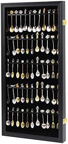 COMSREV 60 Souvenir Tea Spoon Display Case Collection Collector Rack Wall Mount Wooden w/98% UV Acrylic Door Lockable（Black）
