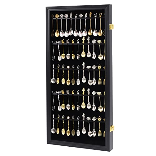 60 Souvenir Tea Spoon Display Case Collection Collector Rack Wall Mount Wooden w/98% UV Acrylic Door Lockable（Black）