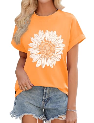 Xnova Women's Oversized T-Shirts Daisy Graphic Summer Short Sleeve Breton Tops Crew Neck Ladies Casual Basic Tee Shirts, Orange Daisy, M
