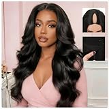 Amznlady V Part Wig Human Hair Body Wave Upgrade U Part Human Hair Wigs With Drawstring 180% Density No Leave Out No Sew In Glueless V Shape Clip In Half Wig For Black Women Natural Black 16 inch