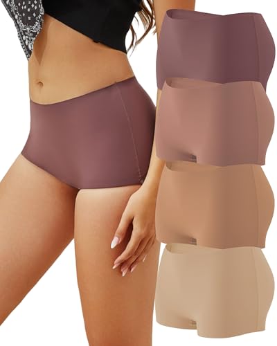 CUTE BYTE Womens Seamless Boy Shorts Underwear Soft Stretch No Show Boxer Shorts Briefs Panties for Ladies 4 Packs(4I,S) Pale Yellow