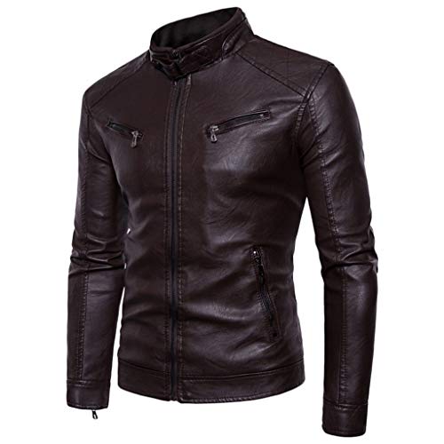 Men s Autumn Winter Tops Long Sleeved Leather Motorcycle Jacket Zipper Coat Coffee