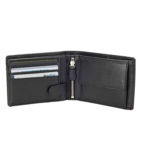 Image of DiLoro Mens Large Leather Bifold Wallet Flip ID Zipper Coin Compartment | Large capacity mens bifold wallet featuring dual flip ID windows, a coin pocket, and a YKK zippered compartment
