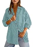 Cicy Bell Womens Oversized Striped Button Down Shirts Boyfriend Long Sleeve Collared Work Blouses Blue Green