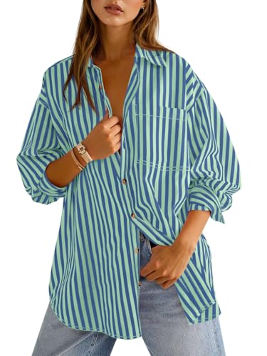 Cicy Bell Womens Oversized Striped Button Down Shirts Boyfriend Long Sleeve Collared Work Blouses Blue Green