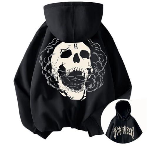 Y2K Sudadera con capucha de gran tamaño para hombre y mujer, BIANMAO con gráfico de calavera Harajuku, sudadera unisex de hip hop, XS-3XL, Negro, L