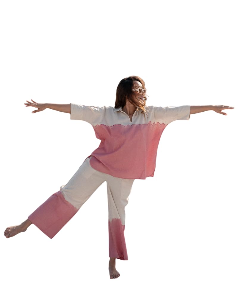 shreestoreglobal Women's Cotton Tie Dye Print Two-Piece Lounge Set Tunic with Wide-Leg Pants, Resort Wear (Pink and White) (IN, Alpha, L)-picture-39