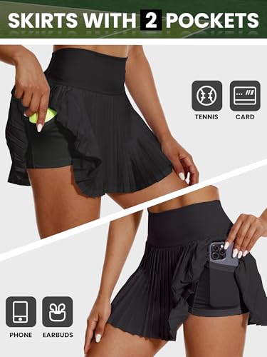 zffriction Women's Tennis Skirt with Shorts Pockets Pleated Golf Skort Sport Skirts High Waisted Mini School Skirt Workout Running (UK, Alpha, M, Regular, Regular, Black) - Image 3