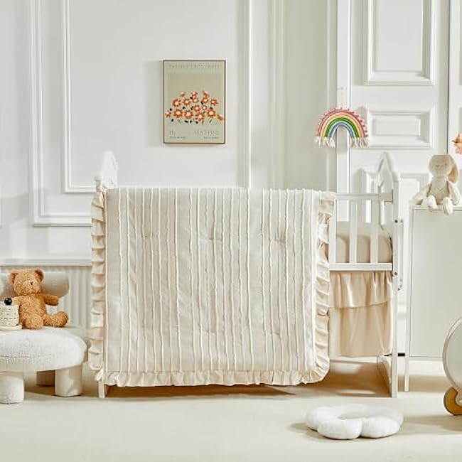 3 Pieces Tufted Stripes Crib Bedding Set with Ruffle Fringe, Beige Ruffled Comforter with Fitted Sheet and Bed Skirt, Soft and Embroidery Shabby Chic Boho Bohemian Jacquard Design for Baby Girls Boys