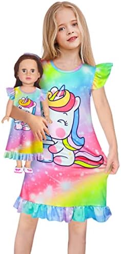 LQSZ Matching Doll and Girl Nightgown Flutter Short Sleeves Nightie Unicorn Rainbow Pajamas for Girls & 18" Dolls Clothes 7 8t