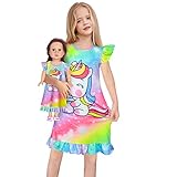 LQSZ Matching Doll and Girl Nightgown Flutter Short Sleeves Nightie Unicorn Rainbow Pajamas for Girl