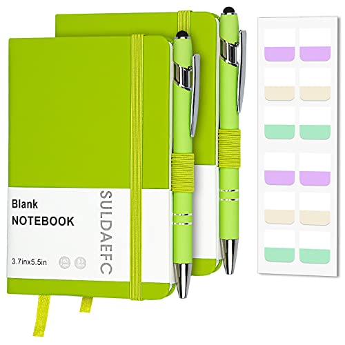 SULDAEFC 2 Pack Pocket Notebook/Notepad with 2 Black Pens, 3.7”x5.5”, Small Hardcover Blank Journals with Pen Holder and Inner Pockets - Green -  Blank - A6 - 2 Pack