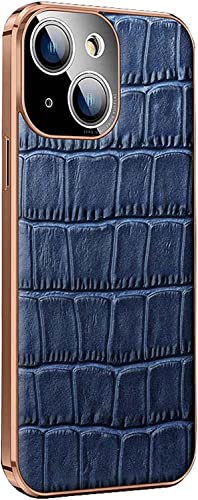 Étui iPhone 14 bleu housse cuir crocodile protection objectif