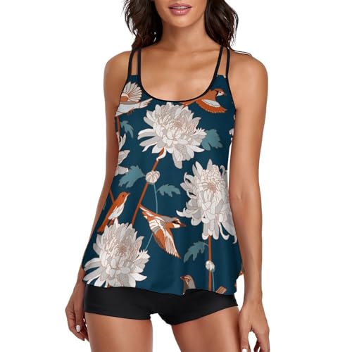 Short de Garçon et Haut Tankini Fluide Imprimé Oiseaux pour Femme