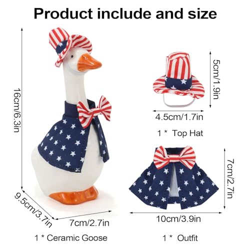 RAISLY 7 Inch Desk Goose with Patriotic Outfits，4th of July Decoration Ceramic Mini Porch Goose with Top Hat & Stars Outfit, Ideal for Tabletop Home Office Indoor Outdoor Decor — view 3
