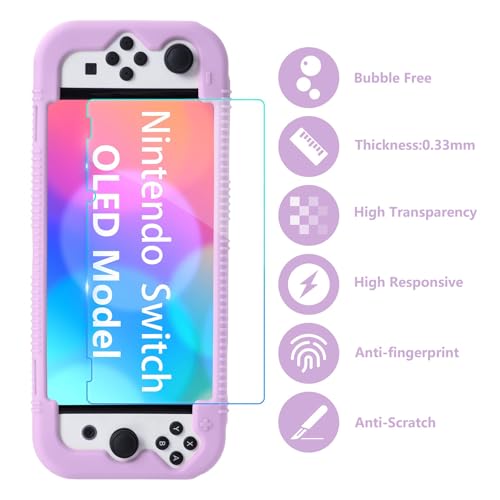Teyomi Silicone Case Compatible with Nintendo Switch OLED Model 2021, Shockproof Protective Cover with Tempered Glass Screen Protector, Ergonomic Grip Case for Switch OLED, 2 Game Cards Slots (Purple) - Image 5