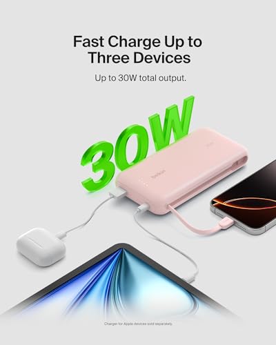 Image of Belkin Power Bank with Integrated Cable, Fast Charging USB-C, 20000 mAh 30W, Portable Charger Power Bank USB C for iPhone 17, Air, Pro, Pro Max, iPad, AirPods, Apple Watch, Galaxy S25, & More - Pink