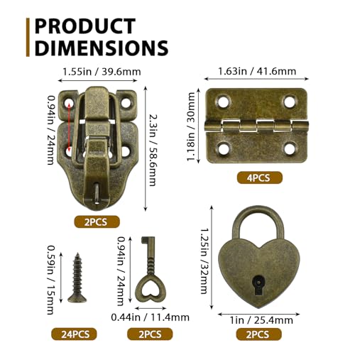 Image of Aifeier ET 2 Sets Retro Style Duckbilled Toggle Hasp Latch Heart-Shaped Padlock and Antique Folding Flush Hinge Kit with Mounting Screws for Jewelry Box Crate Furniture Decoration-Bronze