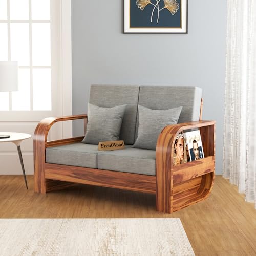 Image of Sheesham Wood 2 Seater Sofa Set with 40 Density Cushion for Living Room Home Office Solid Wood Sofa Set Furniture Wooden Two Seater Sofa Set (Natural,Grey)