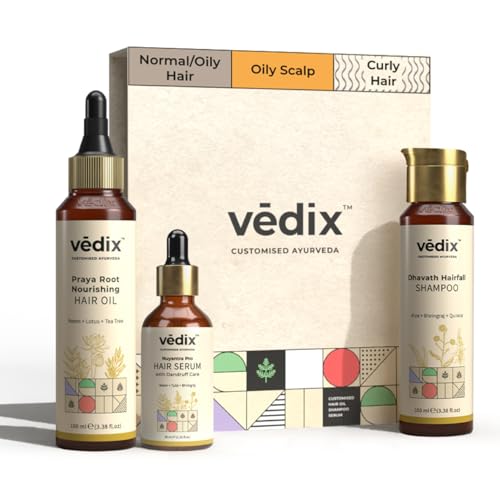 Vedix Customized Ayurvedic Hair Fall Control Regimen for Normal/Oily – Oily Scalp & Curly Hair – Ayurvedic Hair Oil + Shampoo – Hair Growth Serum