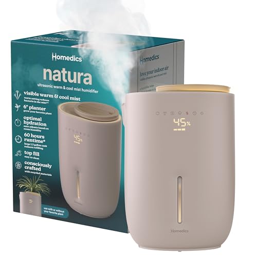 Homedics Natura Ultrasonic Warm & Cool Mist Humidifier, 1.3-Gal for Large Rooms, 60-Hr Runtime, Plant Holder, Programmable Humidity, Auto Shutoff, Nightlight Small Pot Compatible(Plant Not Included)