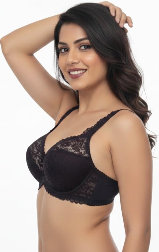 Image of Women's High-Support Lace Bra, Non-Padded, Unlined, Full Coverage, Lingerie
