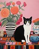 Serious Black and White Cat on Colorful Rug DIY Paint by Numbers for Adults Bright Flower DIY Oil Painting Acrylic Art Decorative Painting Kit Canvas with Acrylic Paints 16x20 Inch（without Frame ）