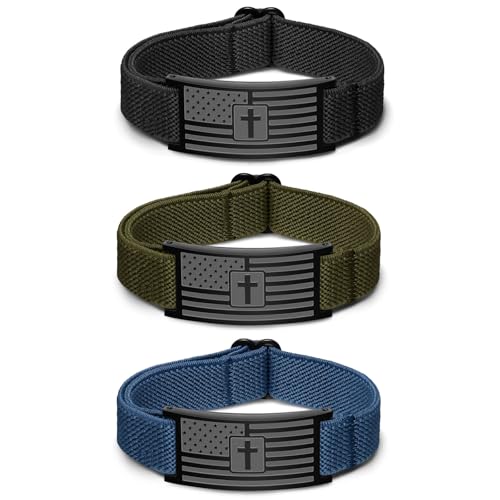 2pcs American Flag Bracelet for Men Adjustable Mens Bracelet with Cross Black Silver Green Men’s Link Bracelets Gift