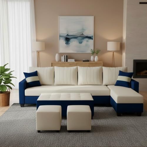 Image of FURNY Avenue 8 Seater Fabric RHS L Shape Sofa Set with 1 Centre Table & 2 Puffy (Cream-Dark Blue) Premium Velvet Finish