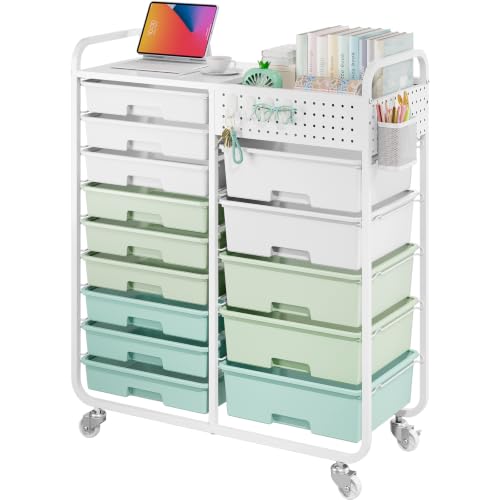 Rolling Storage Cart with 14 Drawers Storage Organizer Cart with Tabletop and Pegboard Utility Cart for Living Room Classroom Bedroom Bathroom Dorm Office (Green)