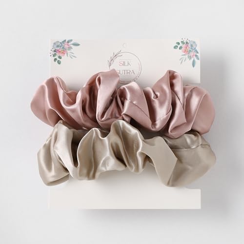 Silk Sutra Hair Scrunchies for Frizz Prevention 22 Momme 100% Mulberry Silk Hair Ties for Breakage Prevention Elastic ponytail Holders (Dusty Blush & Light Coffee (Large 2pcs))