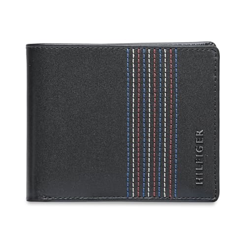 Image of Tommy Hilfiger Men's Leather Wallet Pocos | Solid Black Bi-Fold with Global Coin Pocket, 4 Card Slots | Stylish Purse for Gents