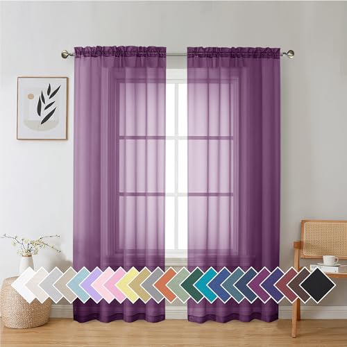 Aiyufeng Lot de 2 rideaux transparents violet prune de 183 cm de long, en voile solide, double passe-tringle, rideaux élégants et respirants pour chambre d'enfant,...