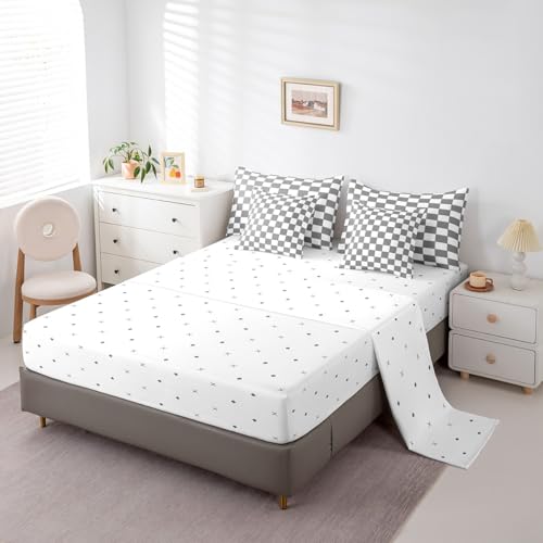 Image of Erosebridal Gray Checkered Full Bed in A Bag 7 Piece White Grey Checkerboard Grid Bedding Set,Geometric Buffalo Plaid Comforter Set with Sheets for Kids Boys Teen Adults Men Gingham Bed Set