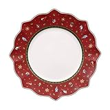 Roter Speiseteller mit nostalgischen Motiven und geschwungenem Tellerrand, Für eine festlich gedeckte Weihnachtstafel