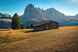 Cuadro de aluminio compuesto de 60 x 40 cm: antigua cabaña de madera en el pasto alpino y espectaculares crestas en el fondo, grupo Langkofelgruppe, Dolomitas, Italia, Europa (213287403)