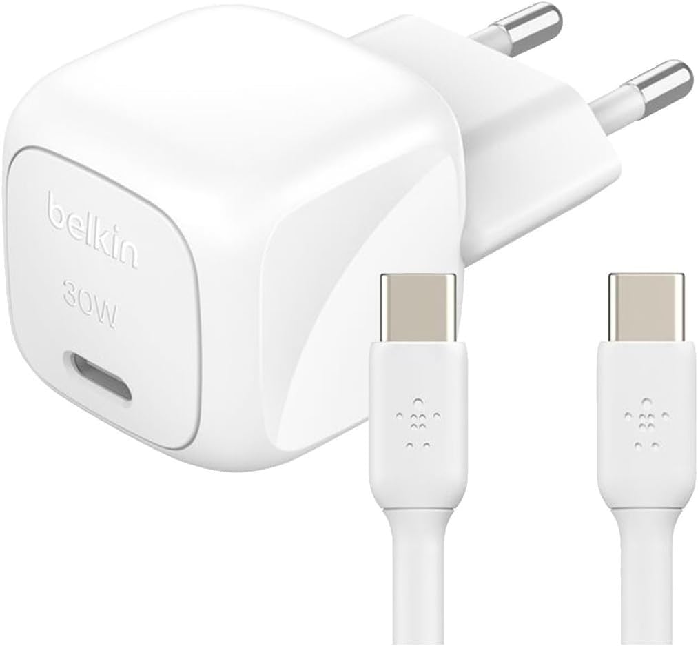 Belkin Compact BoostCharge 30W Mains Charger (USB-C Power Delivery, Fast Charging for Apple iPhone, Samsung Galaxy, iPad, AirPods, Tablets, etc., USB-C to C Cable Included, White)