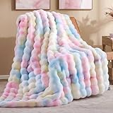 Smoofy Faux Fur Throw Blanket for Couch - Rainbow Super Soft Cozy Bubble Blanket...