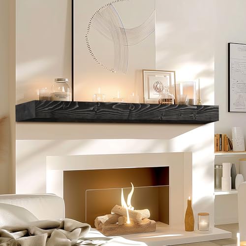 ABSWHLM 48x7x3 Fireplace Mantel - Solid Rustic Wood - Wall Mounted Floating Shelf with Invisible Heavy Duty Steel Bracket (Weathered Black)