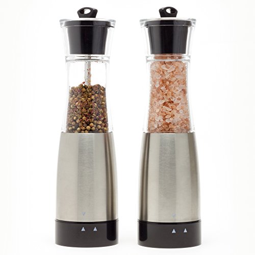 Salt and Pepper Grinder Set - 9 Inches Tall Brushed Stainless Steel with Clear Acrylic Body - Adjustable Ceramic Grinding Mechanism