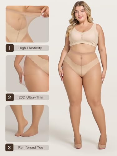Image of MANZI Women's Plus Size Pantyhose 4 Pairs Sheer Nylon Tights