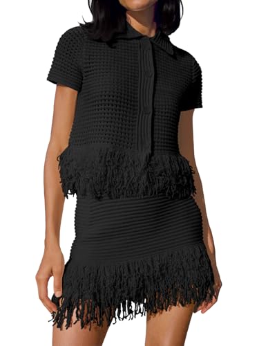 Fisoew Womens 2 Piece Crochet Outfits Short Sleeve Button Knit Sweater Tops Fringe Skirt Summer Vacation Sets Beach Cover Ups Black
