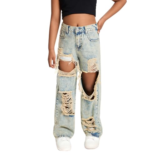 Girls Ripped Straight Jeans Hip Hop Baggy Wide Leg Streetwear Denim Pants High Waist Hole Vintage Trousers for Teen