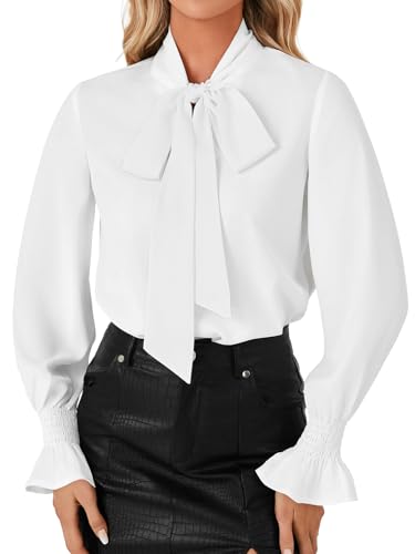 LYANER Women's Bow Tie Front Smocked Long Sleeve Blouse Elegant Office Shirt Top