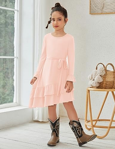 QPANCY Girls Long Sleeve Dresses Round Neck Casual Ruffle Swing Dress with Belt2