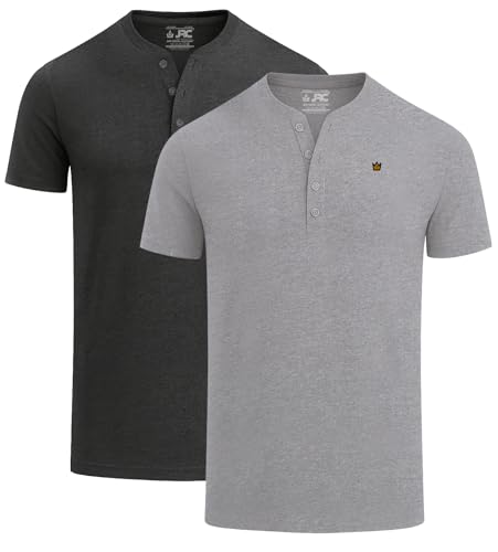 JRC Just Royal Clothing 2 Pack Mens Short Sleeve Henley T-Shirts, Lightweight Henley Tops for Gym, Running & Casual Outings (Heather Grey, Charcoal, 3XL)