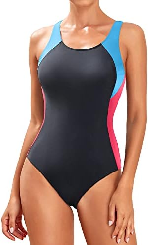 Tempt Me Black Blue Red Women Athletic One Piece Swimsuits Sporty Color Block Racerback Bathing Suits Full Coverage Modest Swimwear L