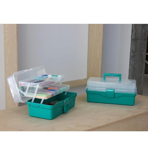 Image of 13.40 Inch 2-Tier Trays Clear Green Plastic Storage Container Organizer Box, Multipurpose Portable Carrying Case with Latch Lock and Handle for Art, Craft, Sewing Supplies, First Aid, Makeup