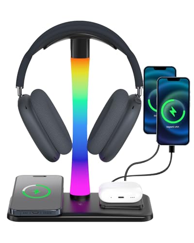 Trongle 3 in 1 RGB Gaming Kopfhörer Ständer mit 15W Wireless Ladegerät, Gaming Headset ständer Halterung mit 10 RGB-Modi, Touch-Steuerung Gaming Zubehör für den perfekten Setup Schwarz