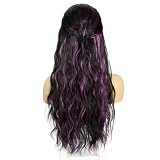 Sapphirewigs Body Wave opaska na głowę peruka czarne pasemka fioletowe syntetyczne długie falowane peruki dla kobiet włosy bez kleju naturalnie wyglądające 150% gęstości 66 cm